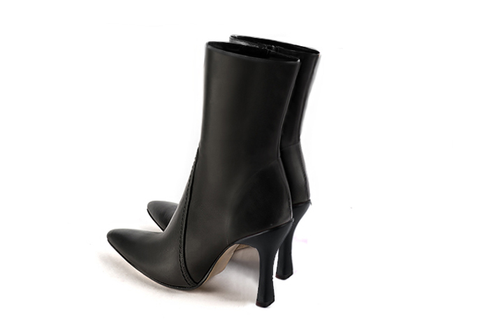 Satin black women's ankle boots with a zip on the inside. Tapered toe. Very high spool heels. Rear view - Florence KOOIJMAN